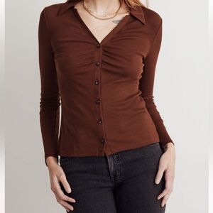 Madewell Ruched Polo Cardigan - Soft Mahogany